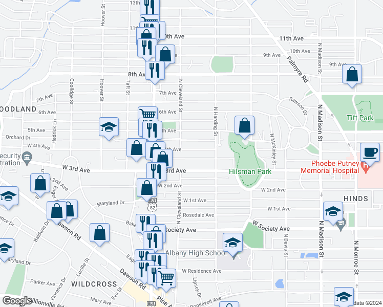map of restaurants, bars, coffee shops, grocery stores, and more near 920 4th Avenue in Albany