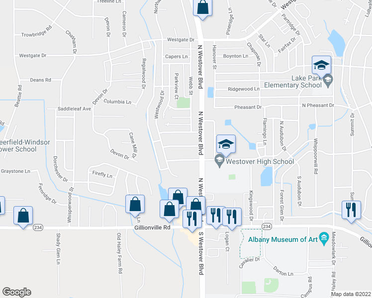 map of restaurants, bars, coffee shops, grocery stores, and more near 2806 Falcon Lane in Albany