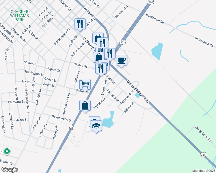 map of restaurants, bars, coffee shops, grocery stores, and more near 273 Delwood Street in Jesup