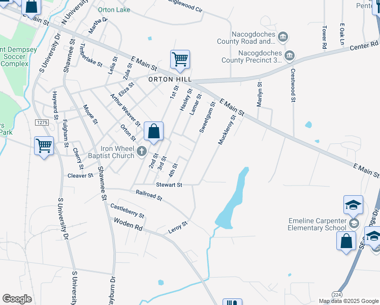map of restaurants, bars, coffee shops, grocery stores, and more near 522 Sweetgum Street in Nacogdoches