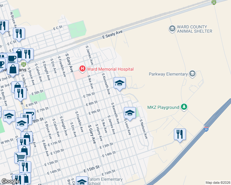 map of restaurants, bars, coffee shops, grocery stores, and more near 707 South Leon Avenue in Monahans