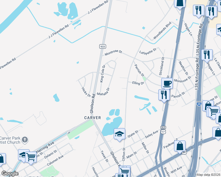 map of restaurants, bars, coffee shops, grocery stores, and more near 1839 Mahalia Drive in Waco