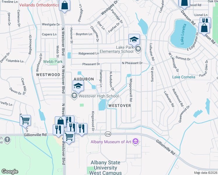 map of restaurants, bars, coffee shops, grocery stores, and more near 509 N Audubon Dr in Albany