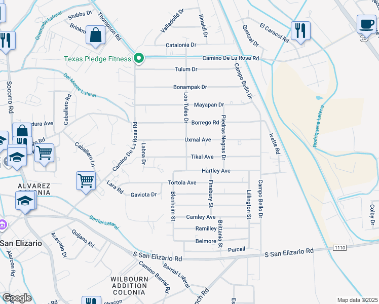 map of restaurants, bars, coffee shops, grocery stores, and more near 481 Tikal Avenue in San Elizario
