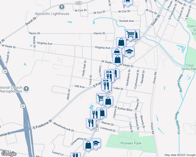 map of restaurants, bars, coffee shops, grocery stores, and more near 1918 South Fredonia Street in Nacogdoches