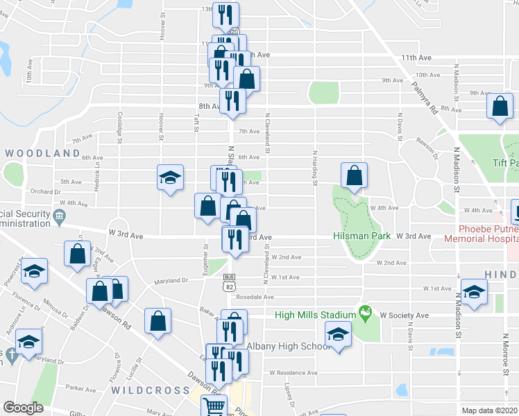 map of restaurants, bars, coffee shops, grocery stores, and more near 1003 4th Avenue in Albany