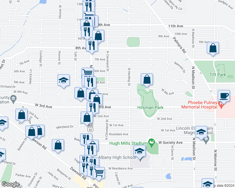 map of restaurants, bars, coffee shops, grocery stores, and more near 916 4th Avenue in Albany