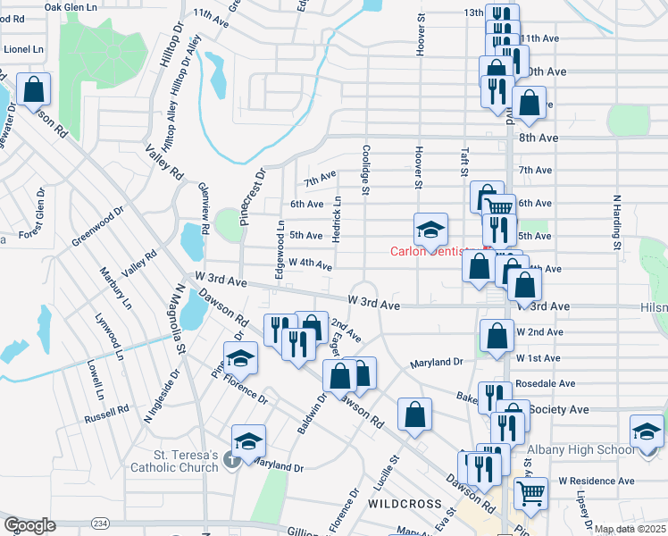 map of restaurants, bars, coffee shops, grocery stores, and more near 1500 4th Avenue in Albany