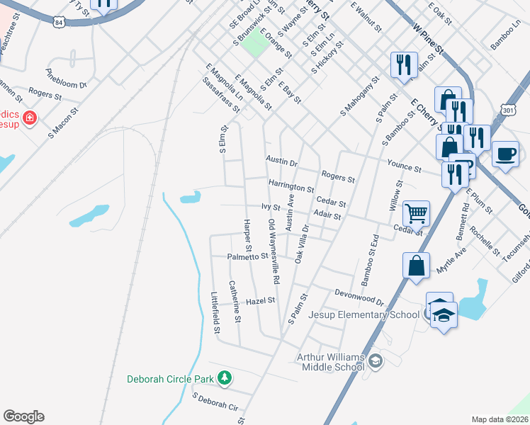map of restaurants, bars, coffee shops, grocery stores, and more near 241 Ivy Street in Jesup