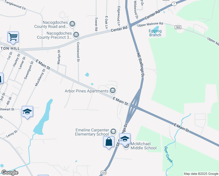 map of restaurants, bars, coffee shops, grocery stores, and more near 3413 East Main Street in Nacogdoches