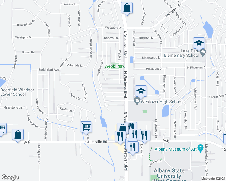 map of restaurants, bars, coffee shops, grocery stores, and more near 2811 Falcon Lane in Albany