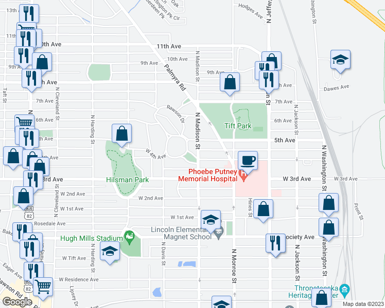map of restaurants, bars, coffee shops, grocery stores, and more near 601 4th Avenue in Albany