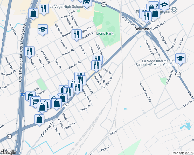 map of restaurants, bars, coffee shops, grocery stores, and more near 3501 Torrence Street in Waco