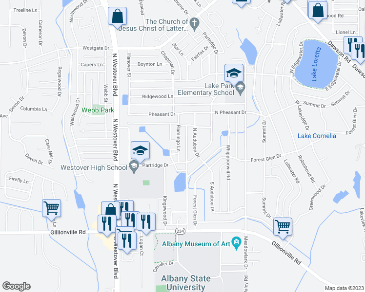 map of restaurants, bars, coffee shops, grocery stores, and more near 506 Flamingo Lane in Albany