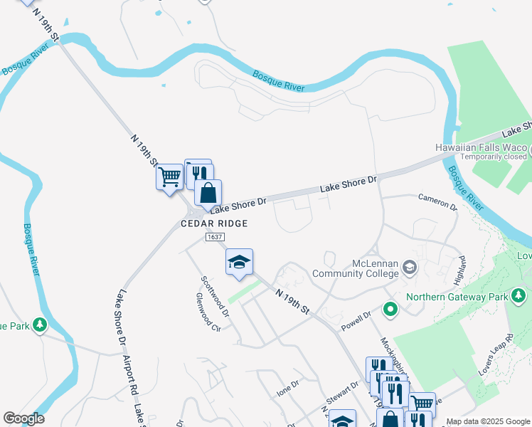 map of restaurants, bars, coffee shops, grocery stores, and more near 1700 Lake Shore Drive in Waco