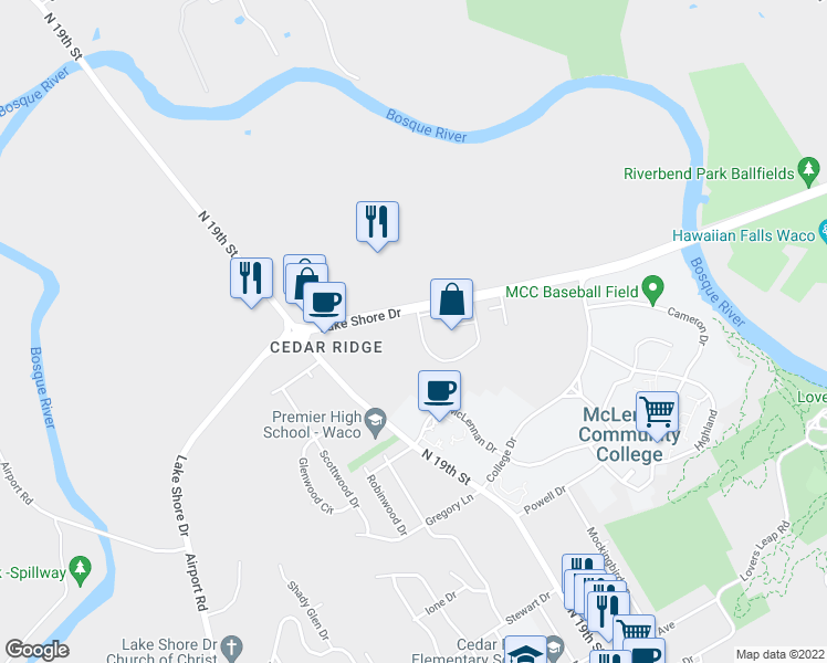 map of restaurants, bars, coffee shops, grocery stores, and more near 1700 Lake Shore Drive in Waco