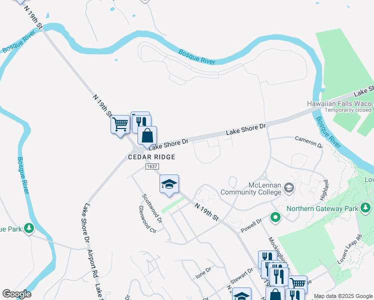 map of restaurants, bars, coffee shops, grocery stores, and more near 1700 Lake Shore Drive in Waco