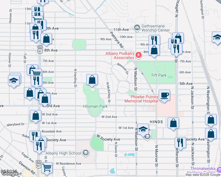 map of restaurants, bars, coffee shops, grocery stores, and more near 1201 North Davis Street in Albany