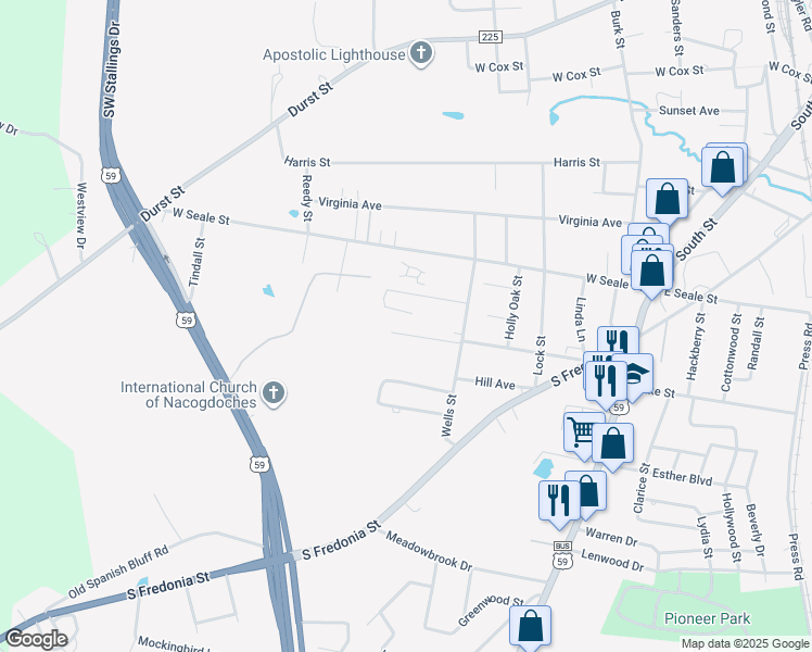 map of restaurants, bars, coffee shops, grocery stores, and more near 819 Home Avenue in Nacogdoches