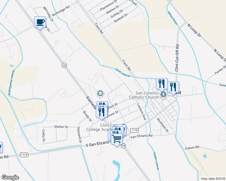 map of restaurants, bars, coffee shops, grocery stores, and more near 12691 Pioneer Drive in Clint