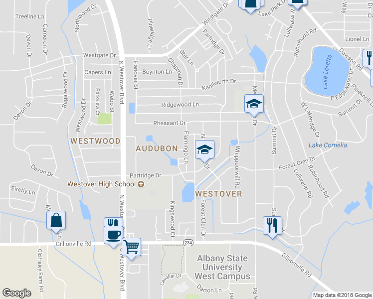 map of restaurants, bars, coffee shops, grocery stores, and more near 547 Flamingo Lane in Albany