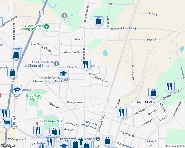 map of restaurants, bars, coffee shops, grocery stores, and more near 223 Powell Street in Brookhaven