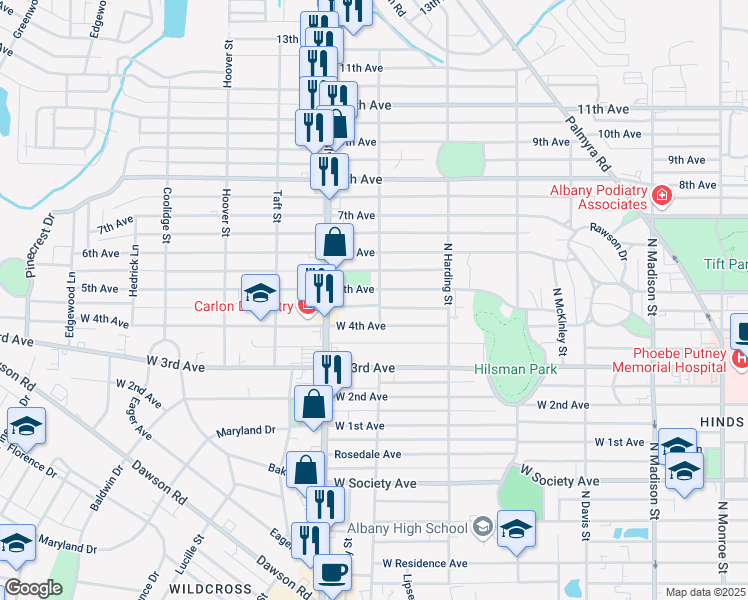map of restaurants, bars, coffee shops, grocery stores, and more near 1013 5th Avenue in Albany