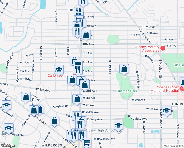 map of restaurants, bars, coffee shops, grocery stores, and more near 1013 5th Avenue in Albany