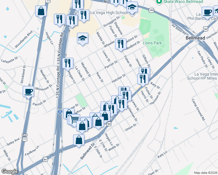 map of restaurants, bars, coffee shops, grocery stores, and more near 1027 Kane Street in Waco
