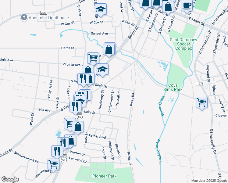 map of restaurants, bars, coffee shops, grocery stores, and more near 618 East Lane Drive in Nacogdoches