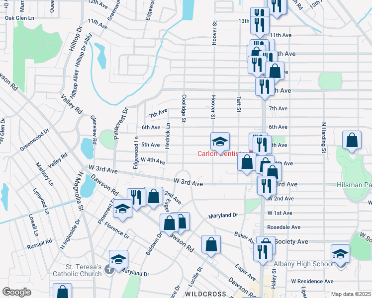 map of restaurants, bars, coffee shops, grocery stores, and more near 1316 5th Avenue in Albany
