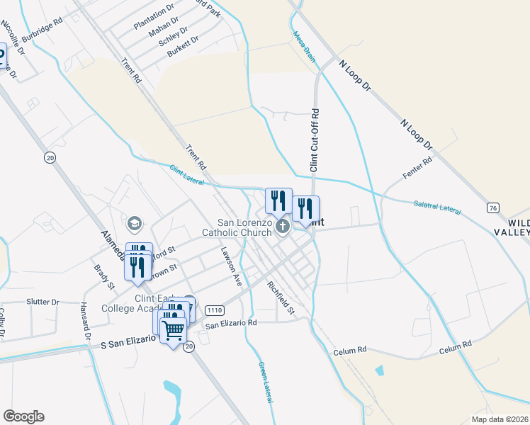 map of restaurants, bars, coffee shops, grocery stores, and more near 625 Main Street in Clint