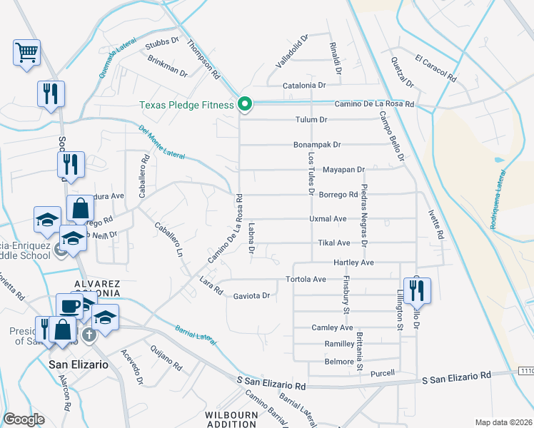 map of restaurants, bars, coffee shops, grocery stores, and more near 557 Uxmal Avenue in San Elizario