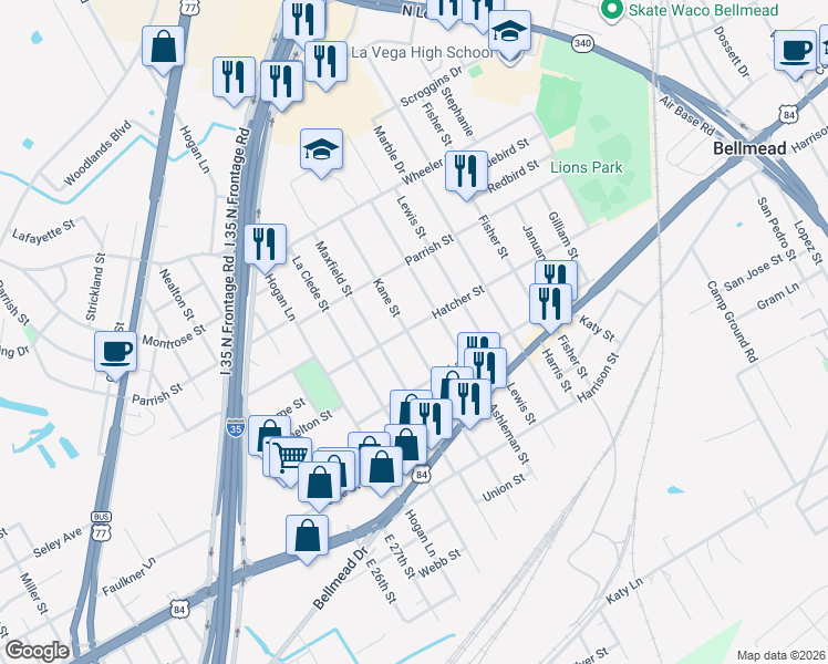 map of restaurants, bars, coffee shops, grocery stores, and more near 1027 Kane Street in Waco