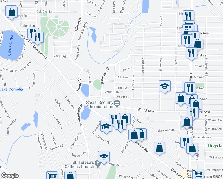 map of restaurants, bars, coffee shops, grocery stores, and more near 1601 Orchard Drive in Albany