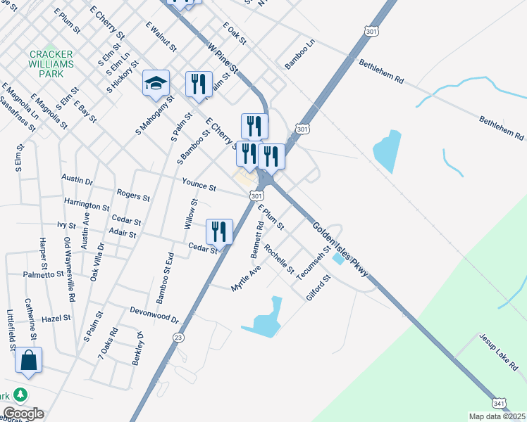 map of restaurants, bars, coffee shops, grocery stores, and more near 207 U.S. 301 in Jesup