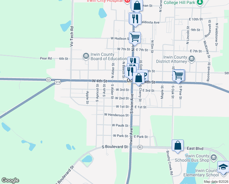 map of restaurants, bars, coffee shops, grocery stores, and more near 208 West 3rd Street in Ocilla