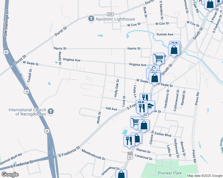 map of restaurants, bars, coffee shops, grocery stores, and more near 514 Shady Lane in Nacogdoches