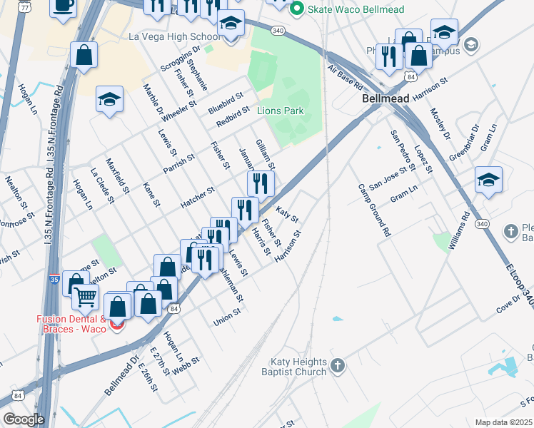 map of restaurants, bars, coffee shops, grocery stores, and more near 3615 Bellmead Drive in Waco