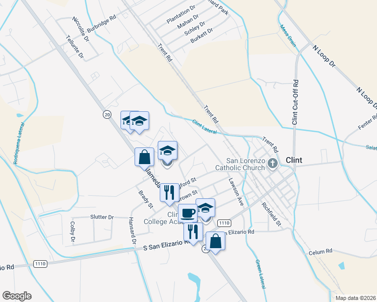 map of restaurants, bars, coffee shops, grocery stores, and more near 12691 Pioneer Drive in Clint