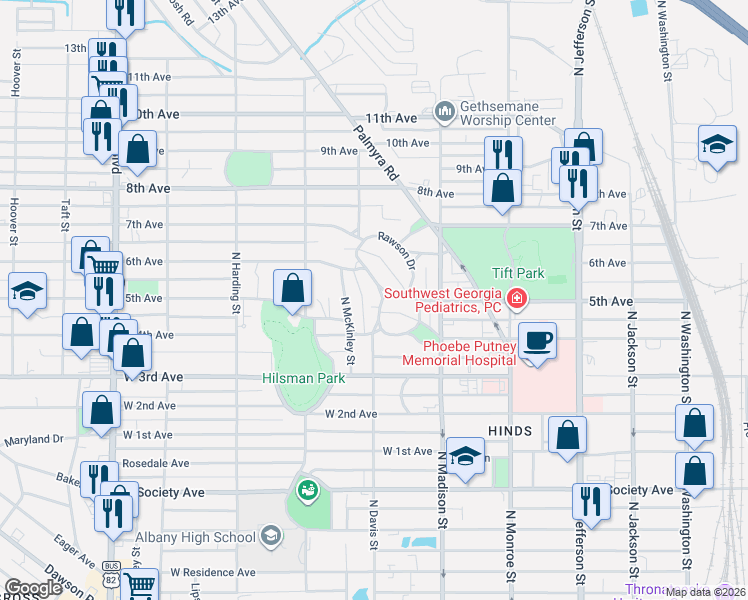 map of restaurants, bars, coffee shops, grocery stores, and more near 1201 North Davis Street in Albany