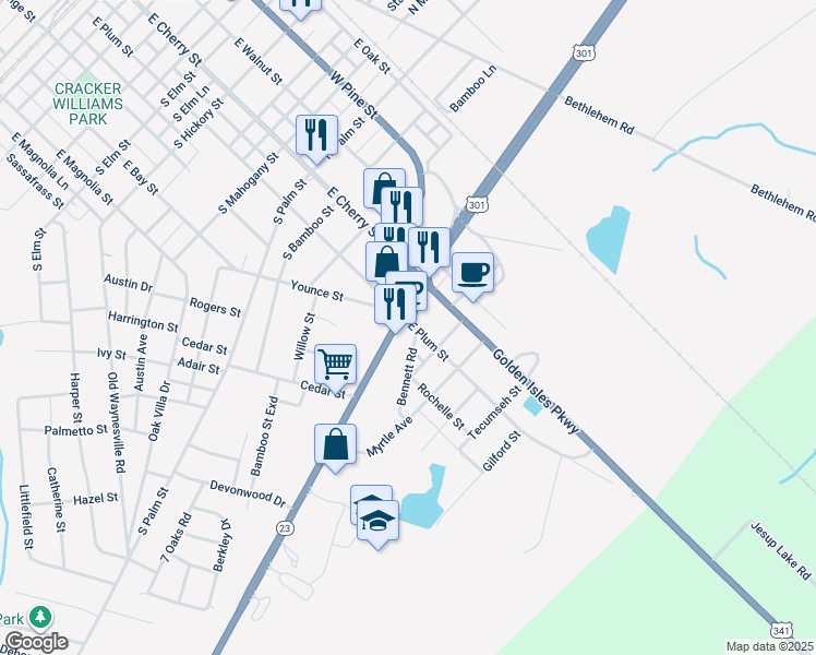 map of restaurants, bars, coffee shops, grocery stores, and more near 207 U.S. 301 in Jesup