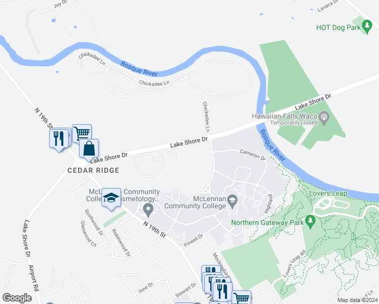 map of restaurants, bars, coffee shops, grocery stores, and more near 1400 Lake Shore Drive in Waco