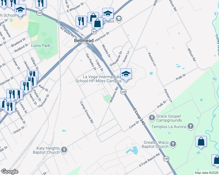 map of restaurants, bars, coffee shops, grocery stores, and more near 401 Lopez Street in Waco