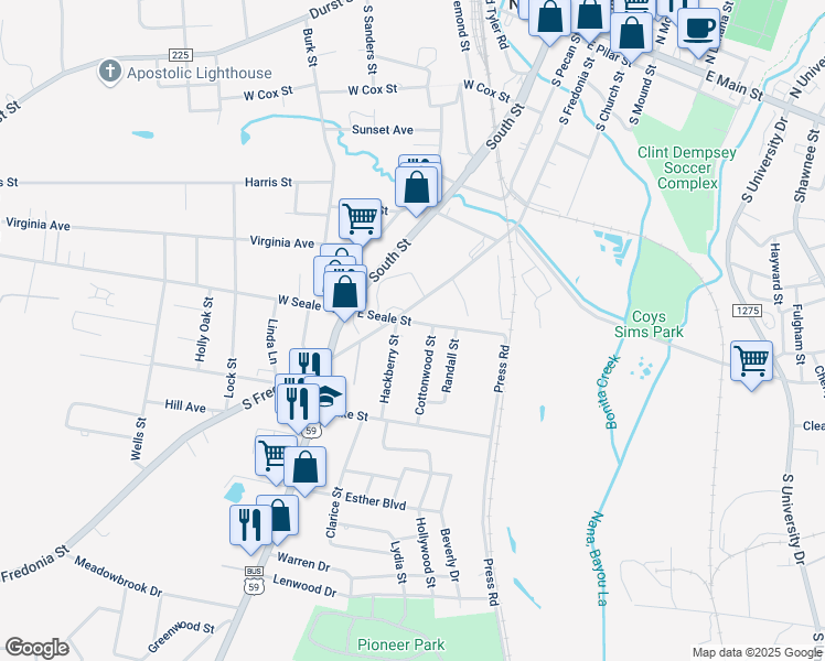 map of restaurants, bars, coffee shops, grocery stores, and more near 314 East Seale Street in Nacogdoches
