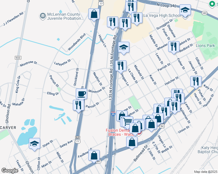 map of restaurants, bars, coffee shops, grocery stores, and more near 2525 Montrose Street in Waco