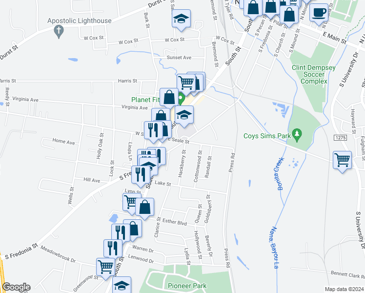 map of restaurants, bars, coffee shops, grocery stores, and more near 314 East Seale Street in Nacogdoches