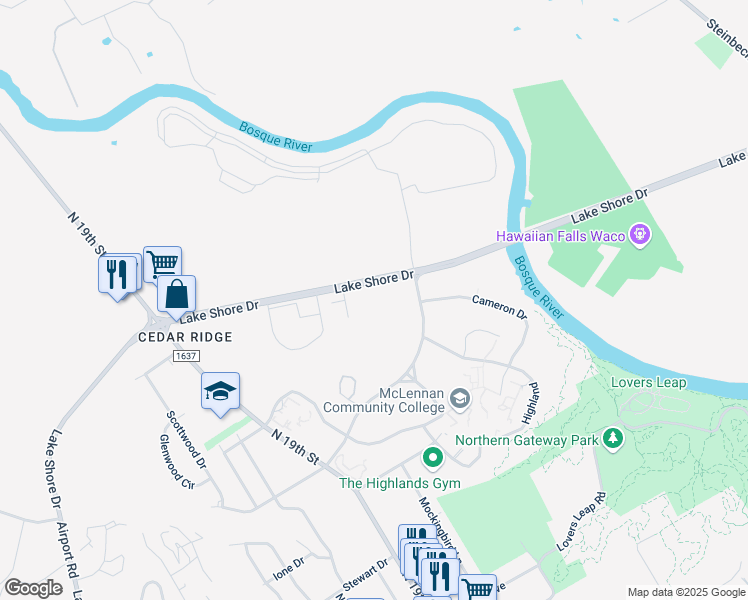map of restaurants, bars, coffee shops, grocery stores, and more near 1400 Lake Shore Drive in Waco