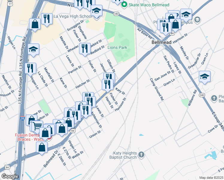 map of restaurants, bars, coffee shops, grocery stores, and more near 3615 Bellmead Drive in Waco