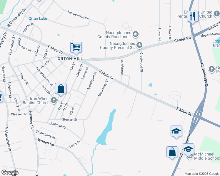 map of restaurants, bars, coffee shops, grocery stores, and more near 201 Kent Street in Nacogdoches